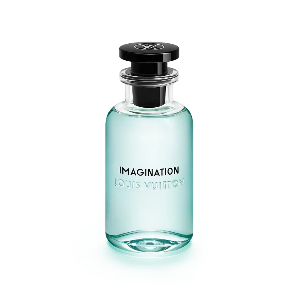 Clear glass perfume bottle with black cap and Imagination Louis Vuitton label